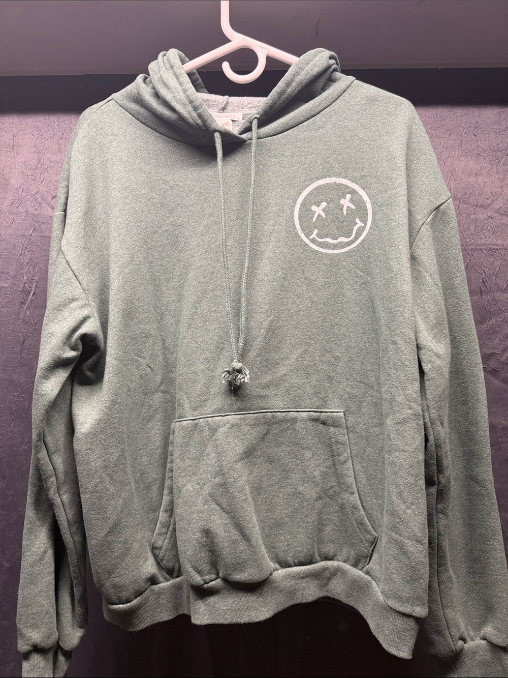 Full Tilt Sage Green Pullover Hoodie with White Smiley Graphic